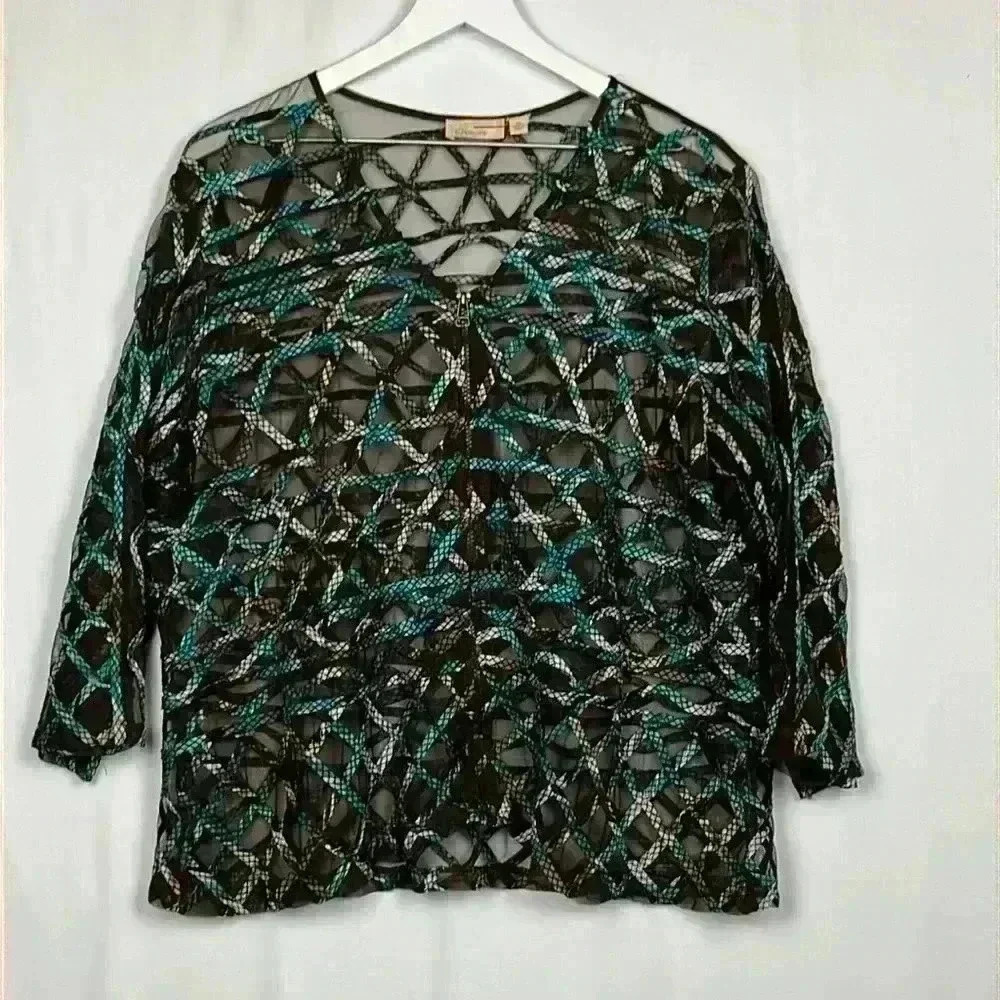 Choices Womens Top Teal White Brown XL V-Neck Zip Front Gauzy 3/4 Sleeve Dressy